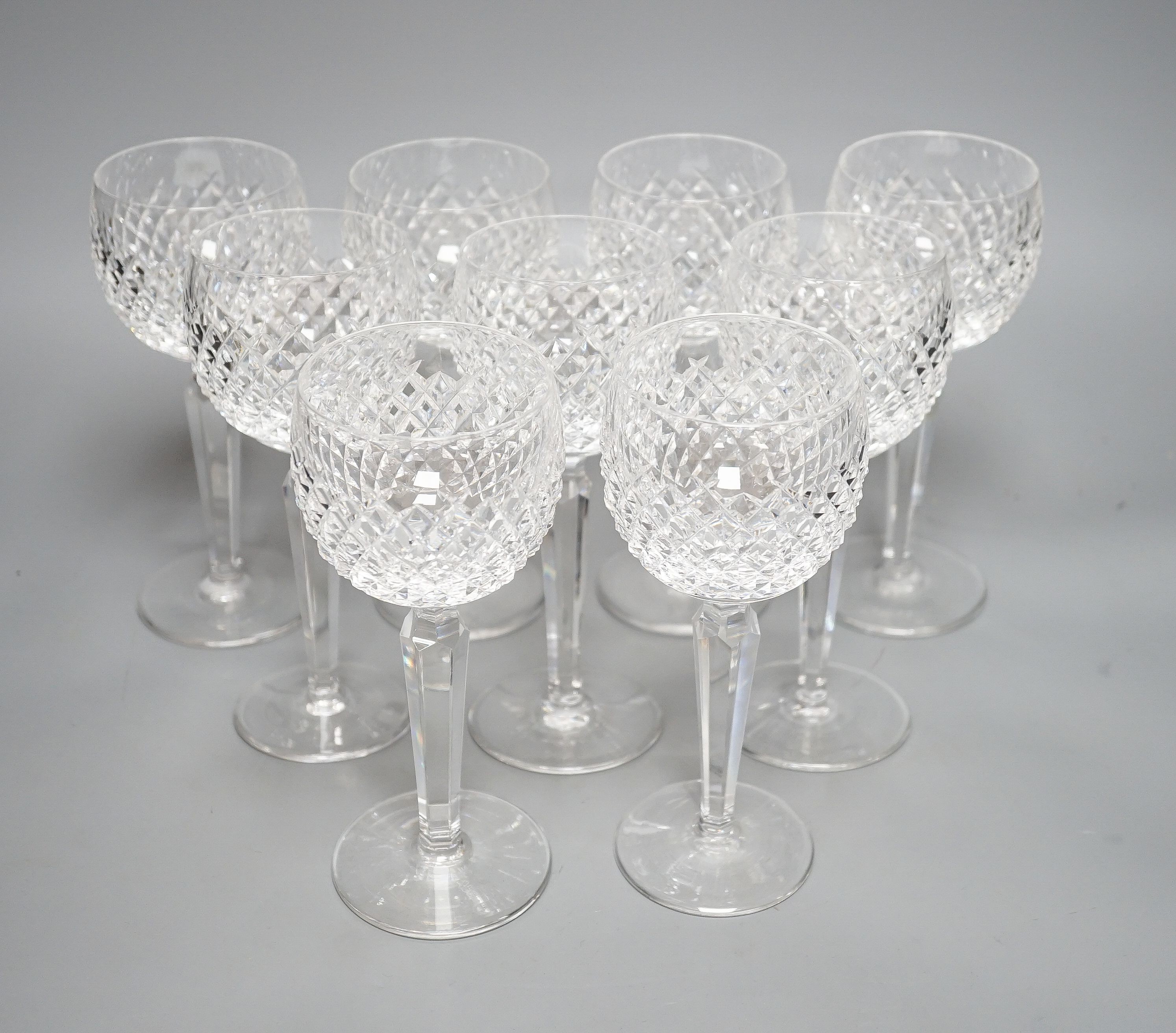 A set of nine Waterford crystal hock glasses, 19cm high